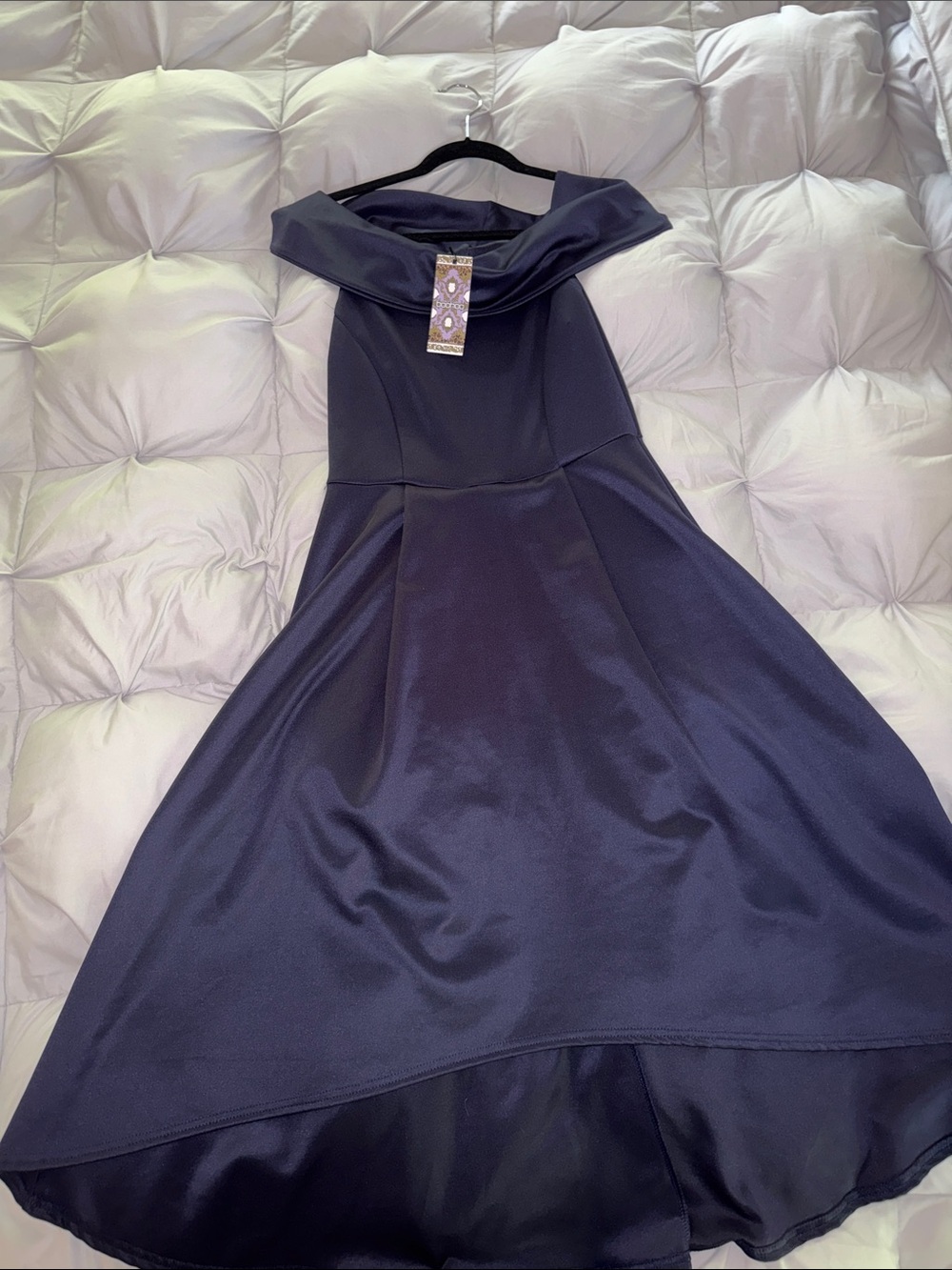 Boohoo Navy Off-Shoulder High-Low Dress